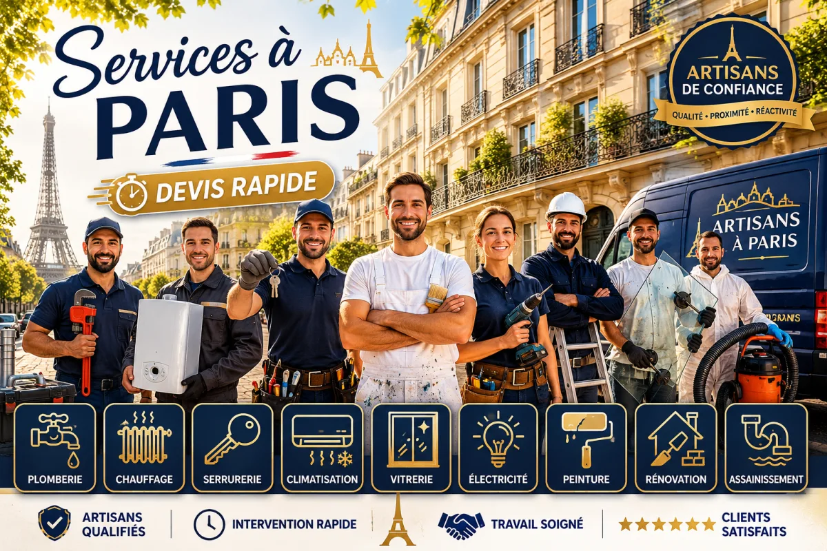 Artisans à Paris proposant des services de plomberie, chauffage, serrurerie, climatisation, vitrerie, électricité, peinture, rénovation et assainissement.